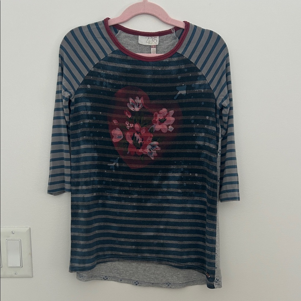 Girls' Striped Raglan Long Sleeve Top with Pink Floral Heart Size 8